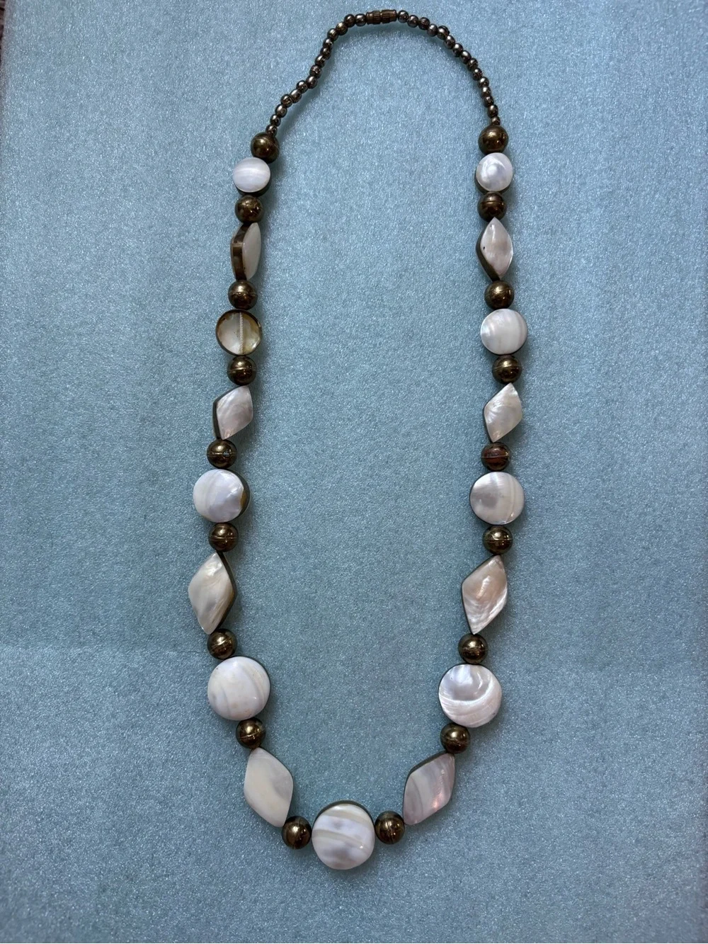 Mother of Pearl Shell & Bronze Tone Beaded Statement Necklace Vintage Boho Coast